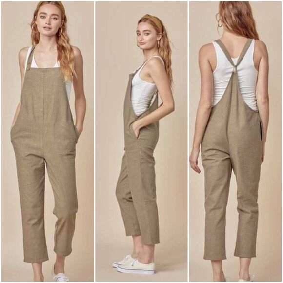 Miou Muse Linen Cotton Viscose Blend Crop Overalls Jumpsuit Light Brown Sz L NWT - Picture 1 of 7
